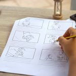 Storyboard drawing with pencil creative sketch cartoon. Storyboa